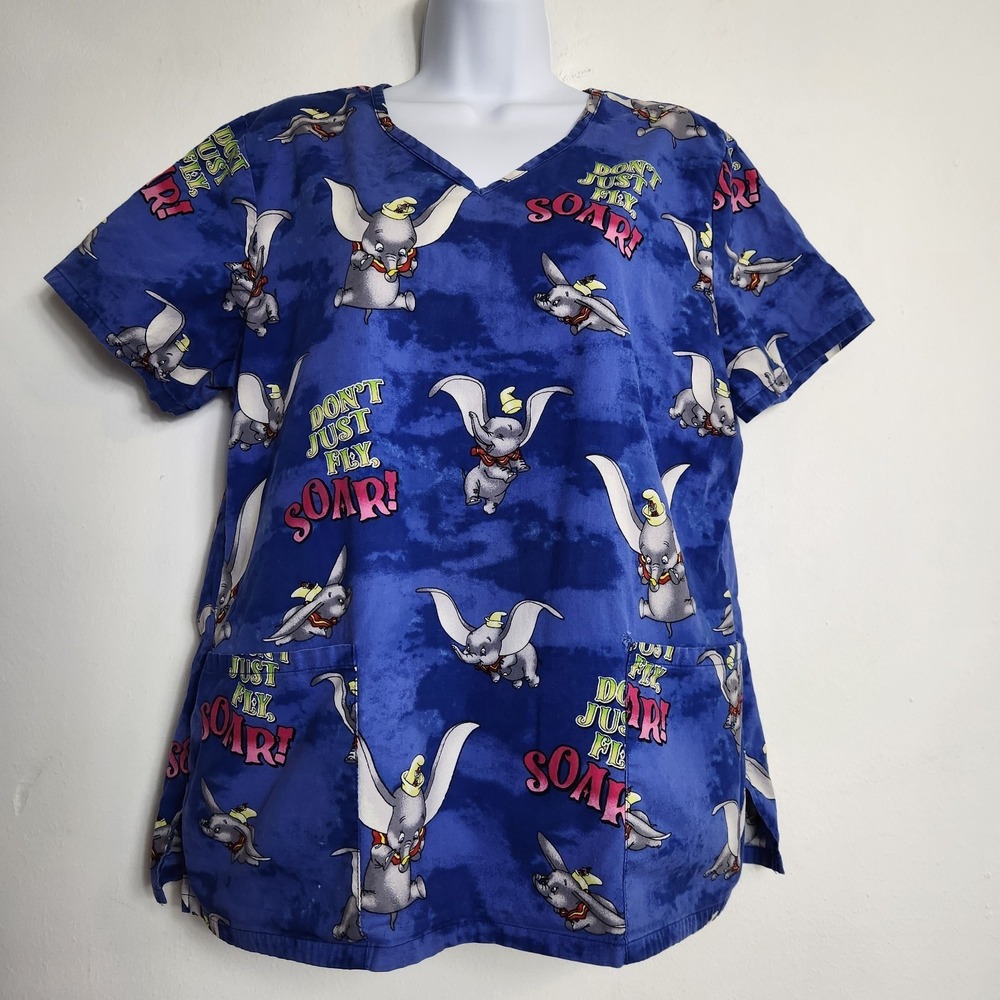 Disney Dumbo Scrub Top Shirt Size Large Blue Don't Just Fly Soar Cotton